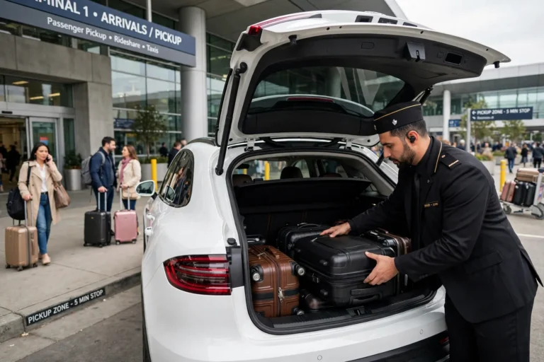 Driver assisting travelers with luggage at an airport pickup