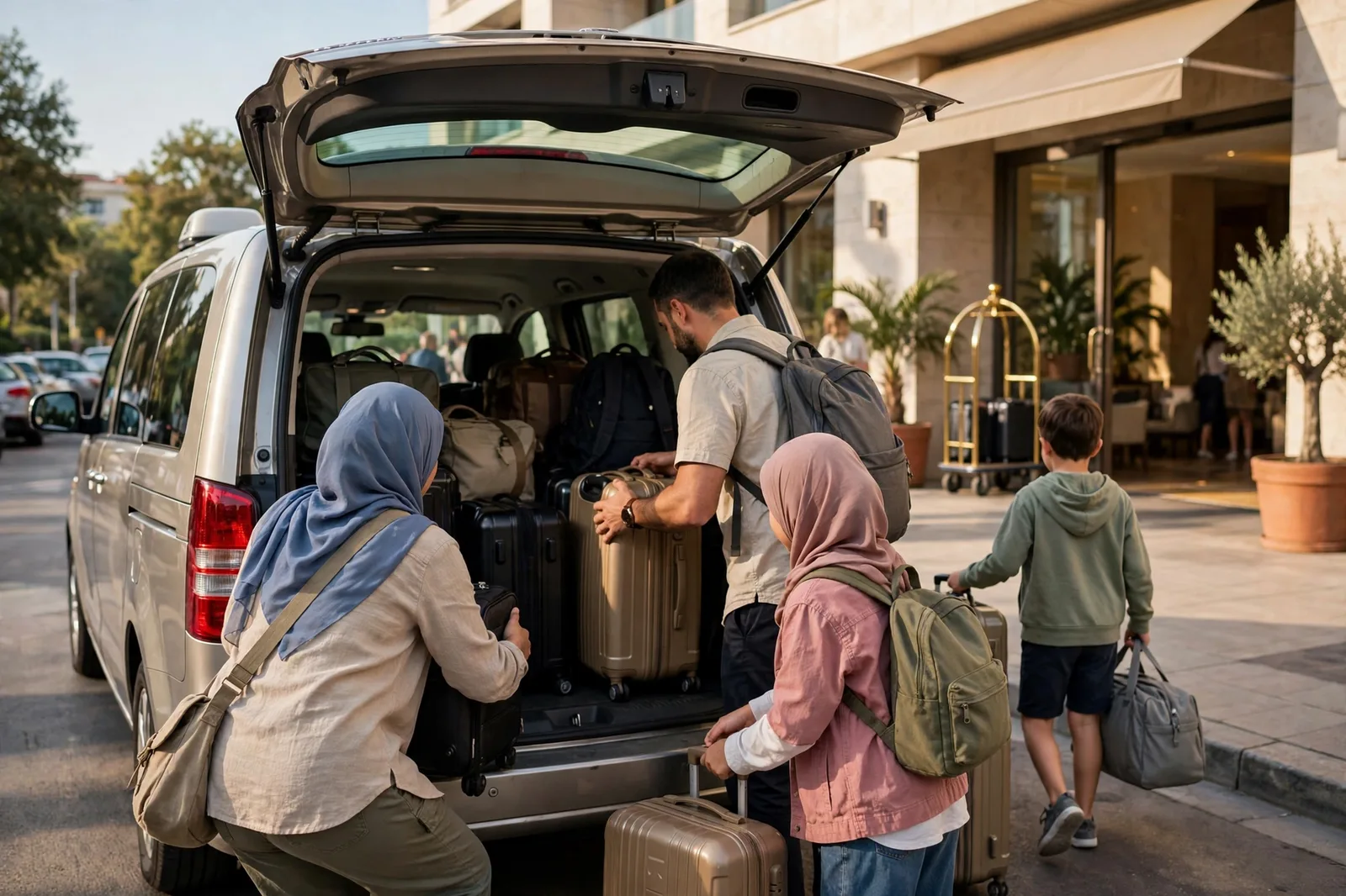Family loading luggage into a spacious private taxi for Umrah