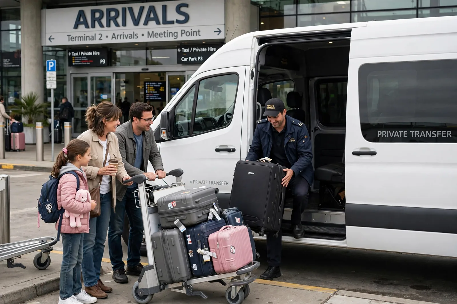 Family with luggage being picked up by a private taxi at the airport