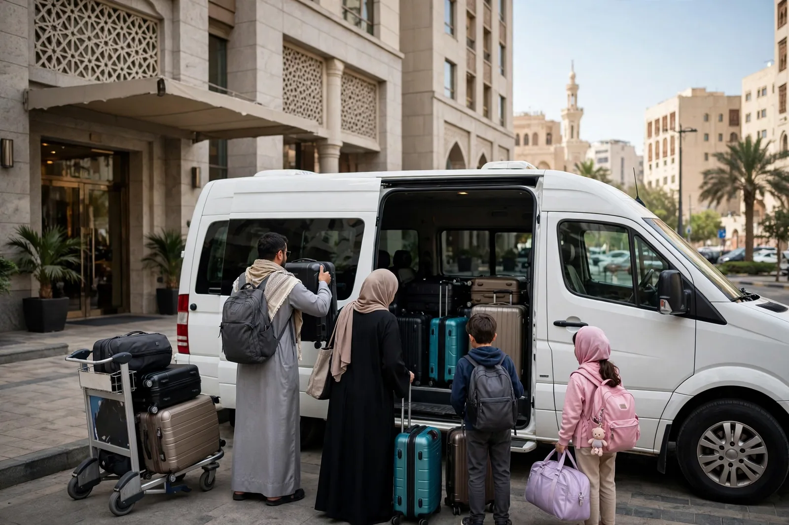 Family loading luggage into an intercity taxi in Makkah