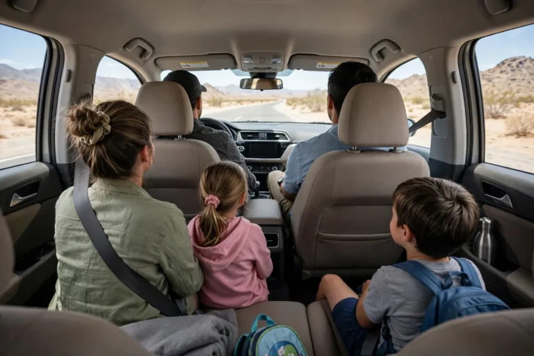 Family traveling comfortably in a private taxi during Umrah
