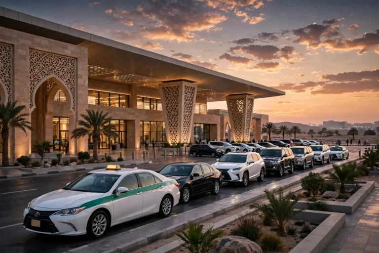 Madinah airport pickup area at dusk