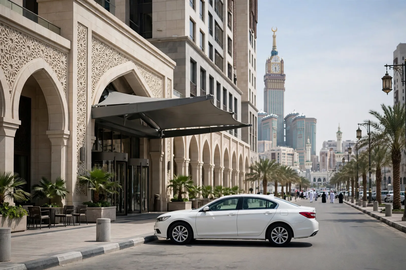 Private taxi pickup outside a hotel near Masjid al-Haram in Makkah