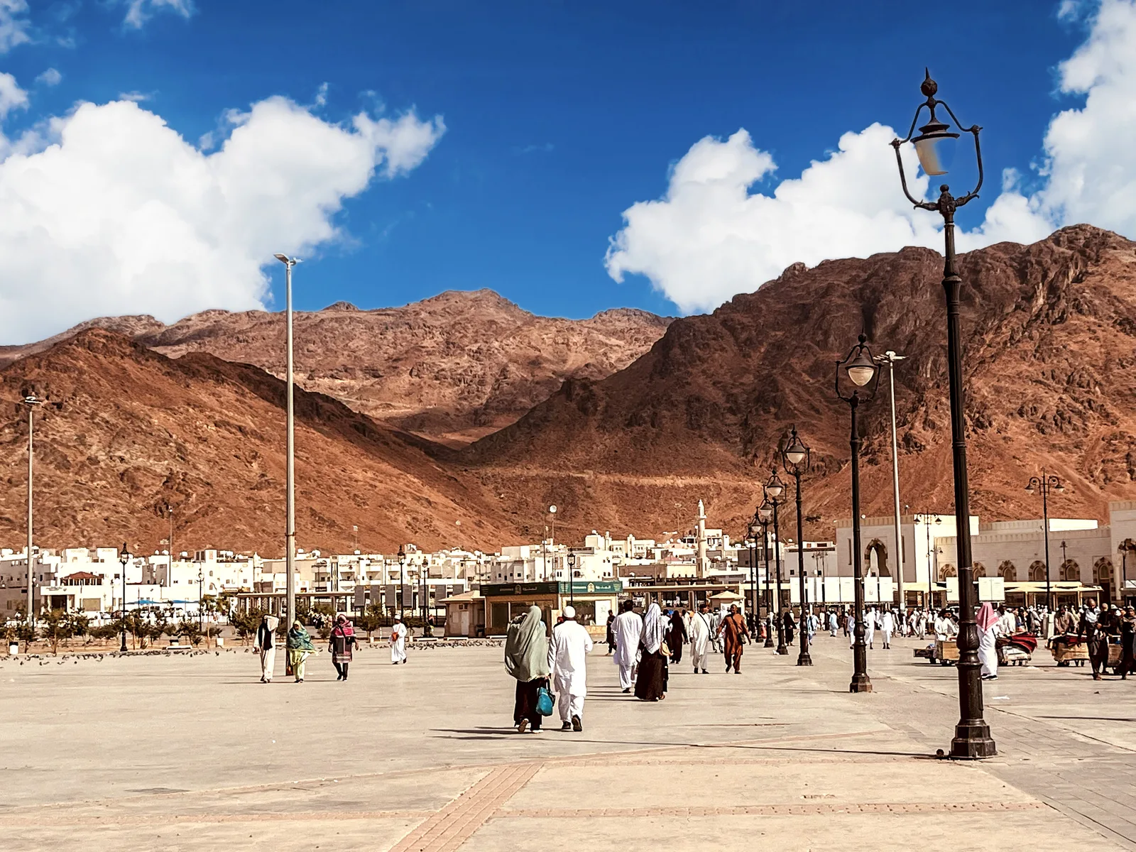 Mount Uhud in Madinah with the martyrs' area in the foreground