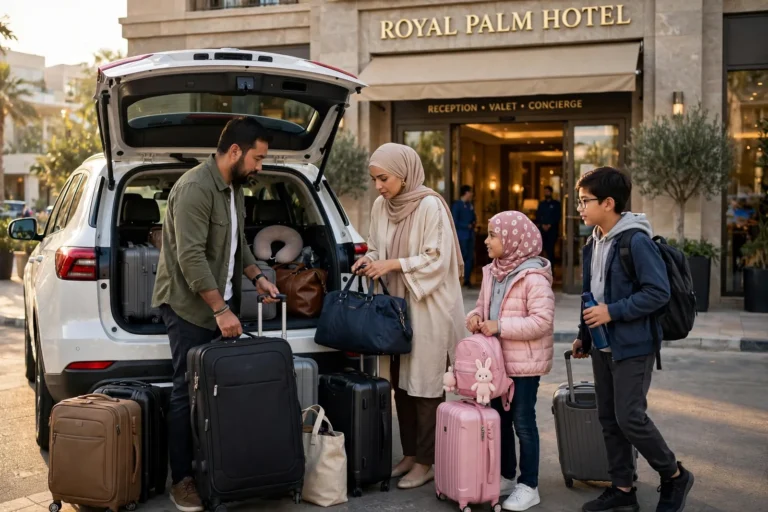 Family loading luggage into a private SUV for Umrah travel