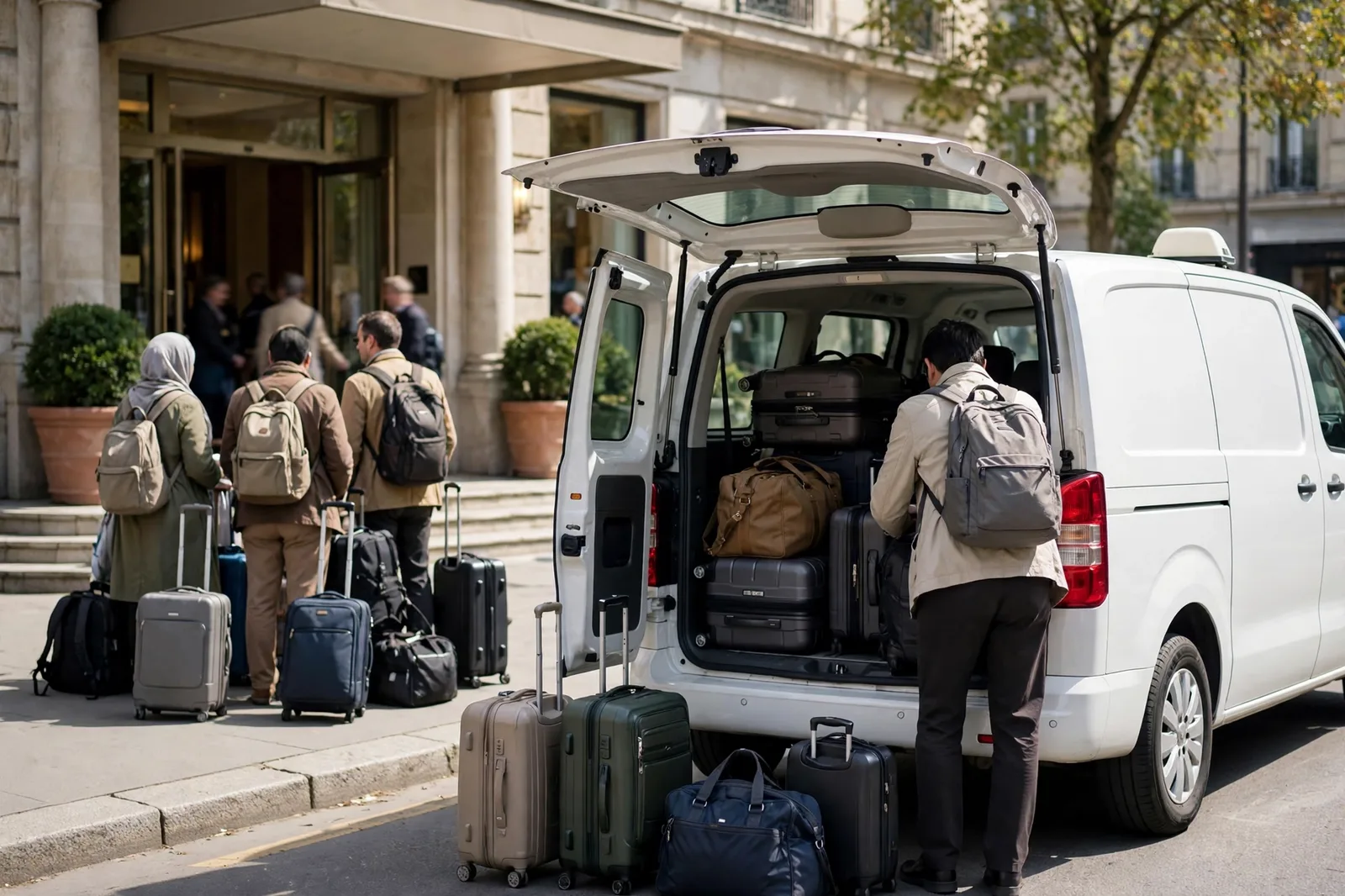 Private taxi loaded with pilgrims' luggage outside a Makkah hotel