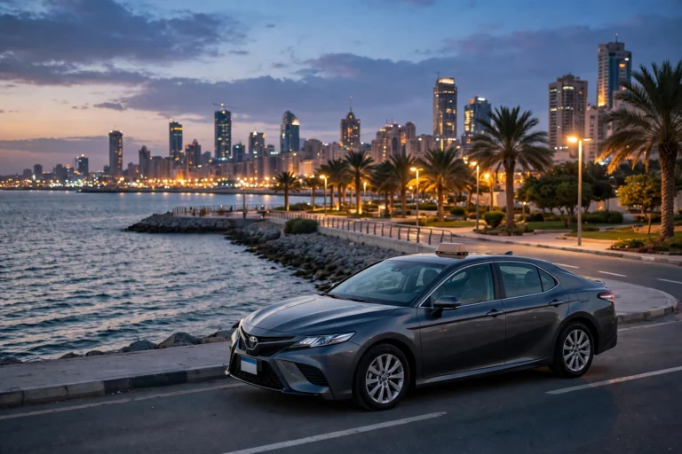 Private Jeddah taxi on the Corniche at dusk
